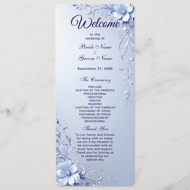 Blue Ornate Flowers with Pearls Wedding Program Programme (Front)