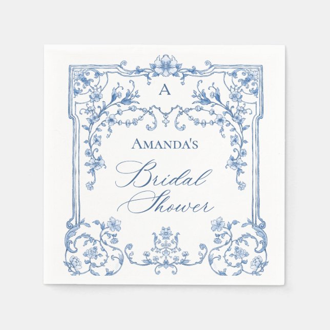 Blue Ornate Grace Victorian Floral Bridal Shower Napkin (Front)