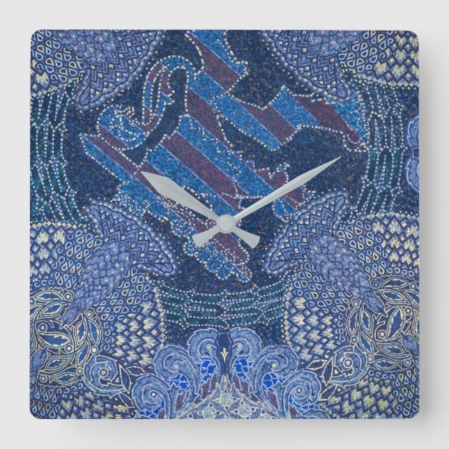 Blue Ornate Mosaic Art, Germany Square Wall Clock (Front)