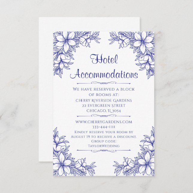 Blue Ornate Wedding Hotel Accommodation Enclosure Card (Front/Back)