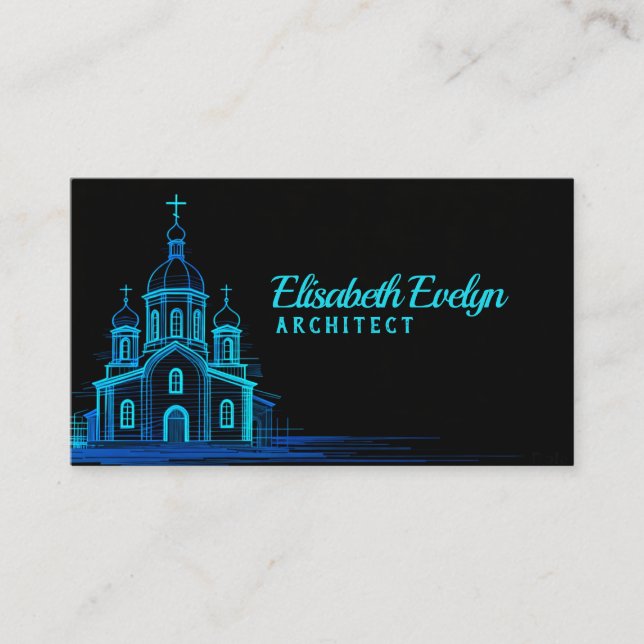Blue Orthodox Church Sketch on Black Background Business Card (Front)