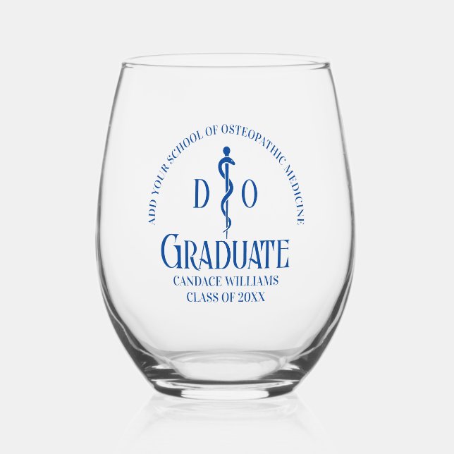 Blue Osteopathic Medical School Graduation Stemless Wine Glass (Front)