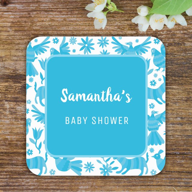Blue otomi mexican baby shower Paper Plate Square Sticker (Creator Uploaded)