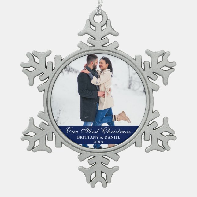 Blue Our First Christmas Couple Photo Snowflake Pewter Christmas Ornament (Front)