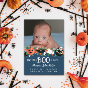 Blue Our Little Boo Is Here Halloween Baby Announcement