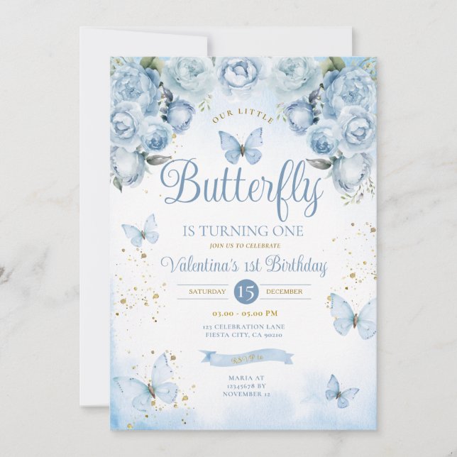 Blue Our Little Butterfly is turning one Gold Invitation (Front)