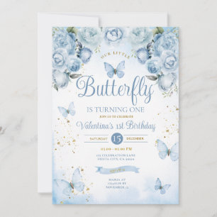 Blue Our Little Butterfly is turning one Gold Invitation