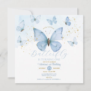 Blue Our Little Butterfly is turning one Gold Invitation