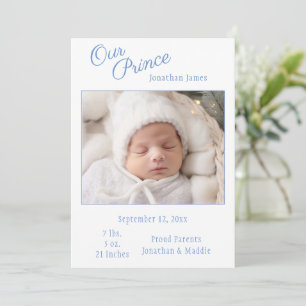 Blue Our Prince Photo Boy Baby Birth Announcement