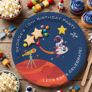 Blue Outer Space Astronaut Rocketship Birthday Paper Plate