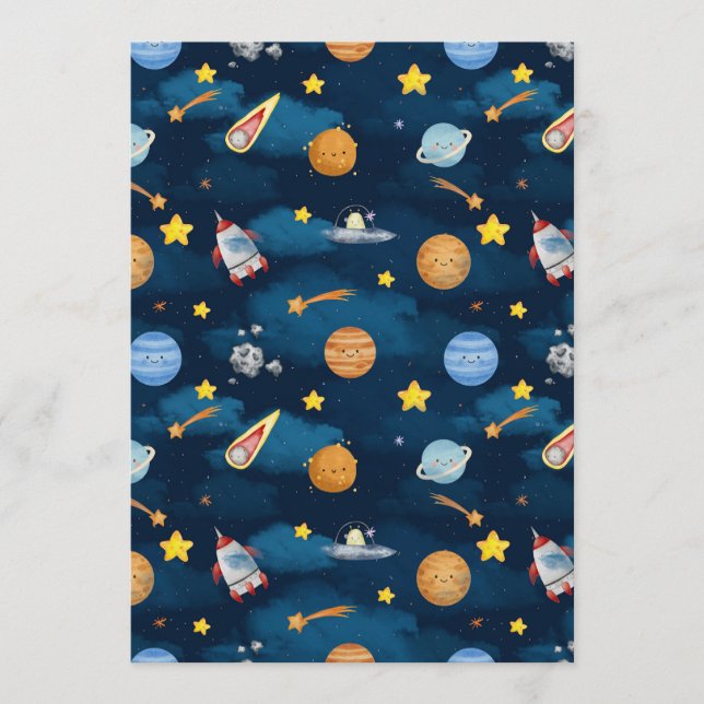 Blue Outer Space Planets Seamless Pattern Invitation (Front)