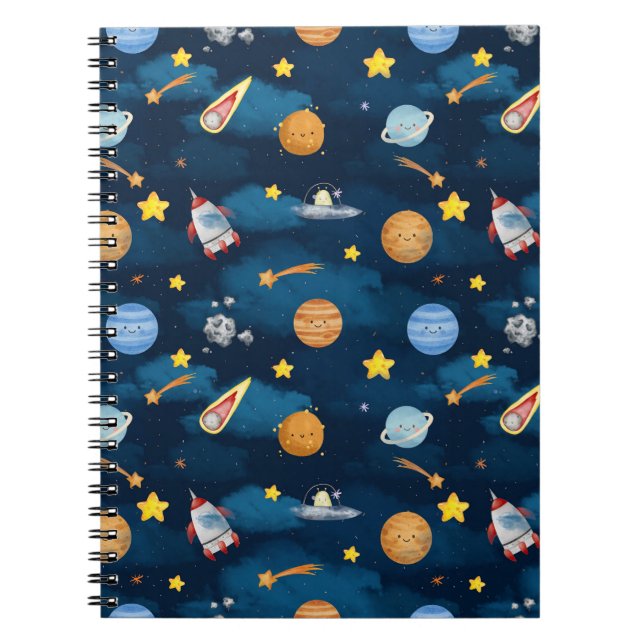 Blue Outer Space Planets Seamless Pattern Notebook (Front)