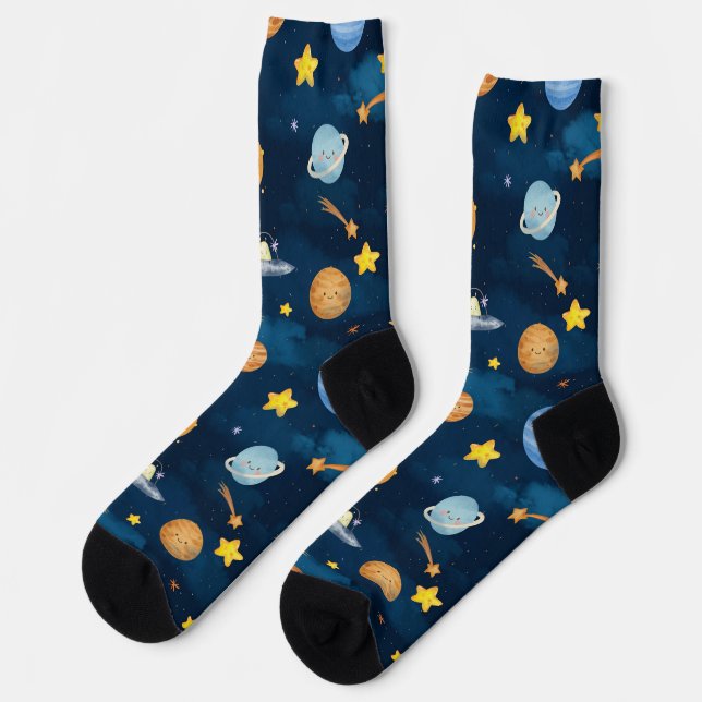 Blue Outer Space Planets Seamless Pattern Socks (Left)