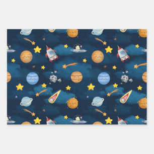Blue Outer Space Planets Seamless Pattern Wrapping Paper Sheet