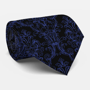 Blue Outline Black Damask Wedding Tie