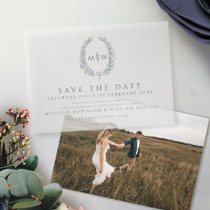 Blue oval monogram save the date wedding vellum invitations