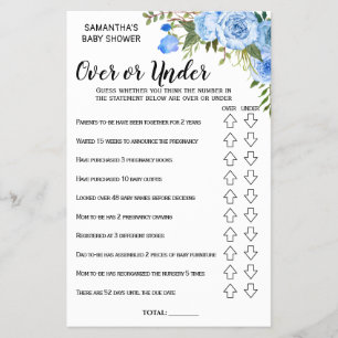 Blue Over or under baby shower bilingual game card