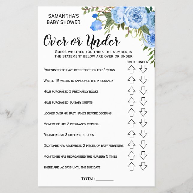 Blue Over or under baby shower bilingual game card (Front)