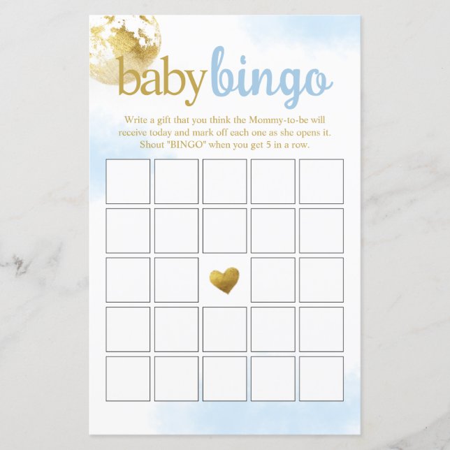 Blue Over the Moon Baby Bingo Baby Shower Game (Front)