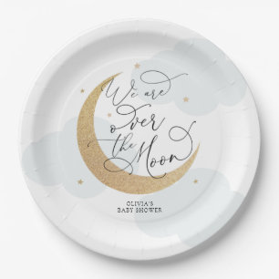Blue Over the Moon Baby Shower Paper Plate