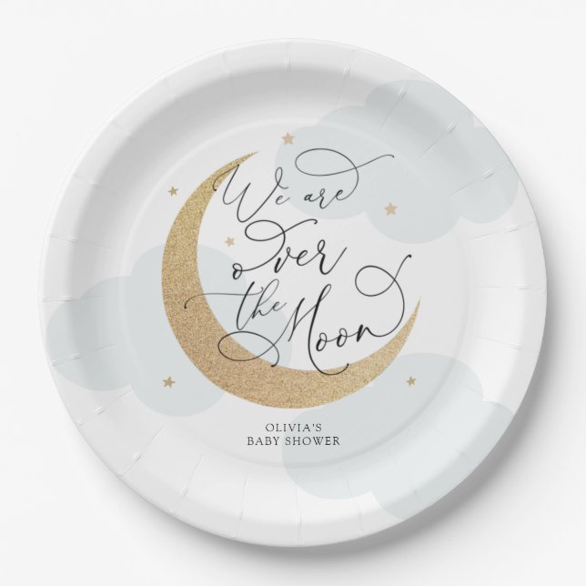 Blue Over the Moon Baby Shower Paper Plate (Front)