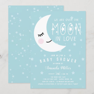 Blue Over The Moon Boy Baby Shower Invitation