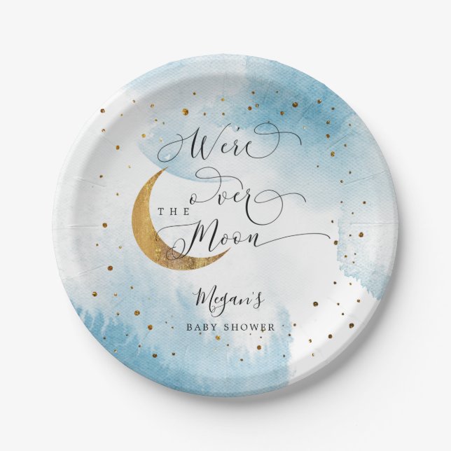 Blue Over the Moon Gold Stars Baby Shower Paper Plate (Front)