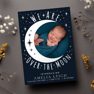 Blue Over the Moon Photo Birth Announcement Card
