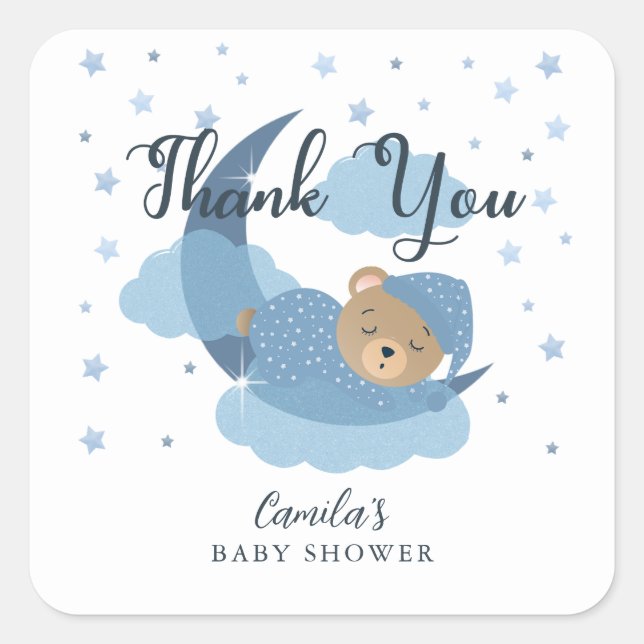 Blue Over The Moon Sleeping Bear Thank You Square Sticker (Front)