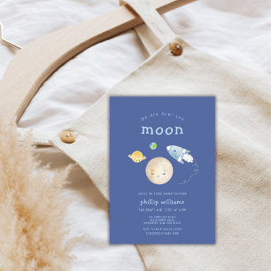 Blue Over The Moon Spaceship Rocket Baby Shower Invitation