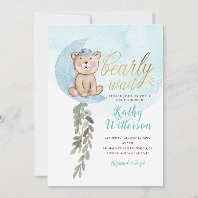 Blue Over the Moon We can Bearly Wait Baby Shower  Invitation (Front)