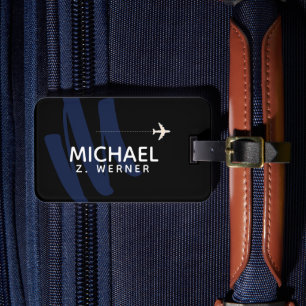 Blue Oversized Initial Monogram Cool Black Luggage Tag