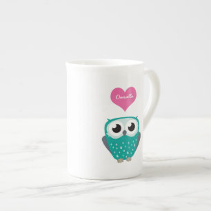 Blue Owl and Love Heart Personalizable Name Bone China Mug