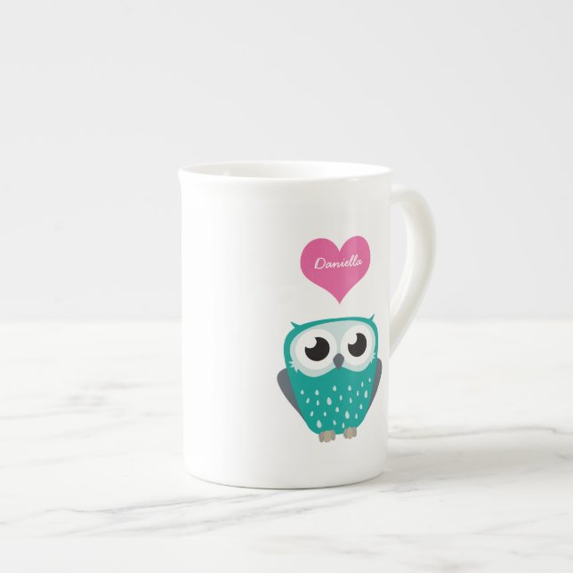 Blue Owl and Love Heart Personalizable Name Bone China Mug (Front Right)