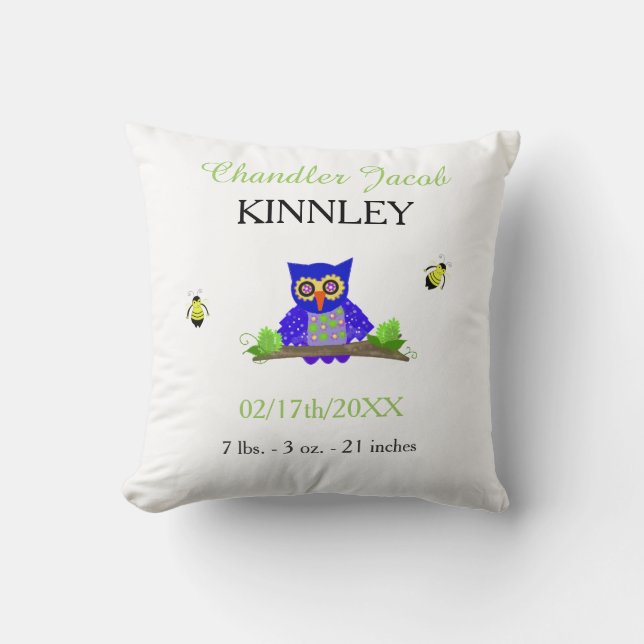 Blue Owl Baby Birth Announcement Cushion (Front)