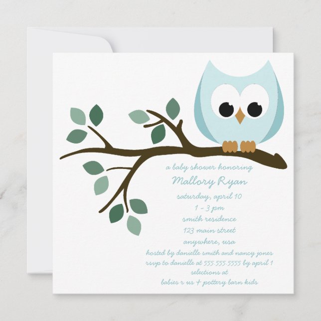 Blue Owl Baby Shower Invitation (Front)