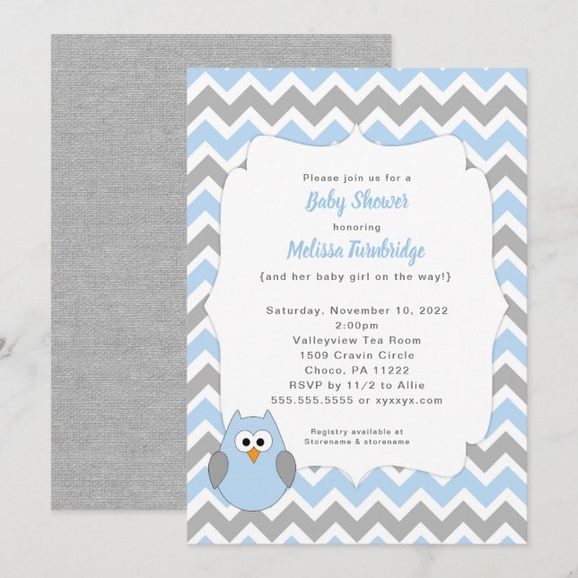 Blue Owl Baby Shower Invitation, boy baby sprinkle Invitation (Front/Back)