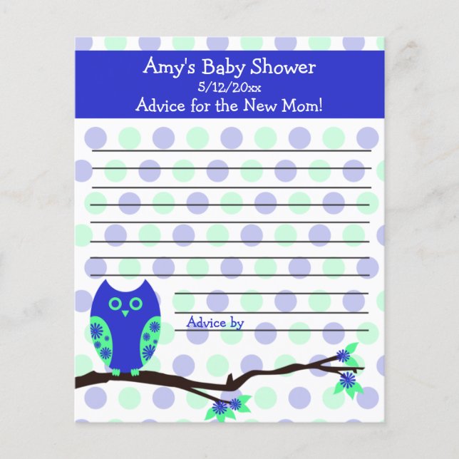 Blue Owl Baby Shower Personalised Advice Cards (Front)