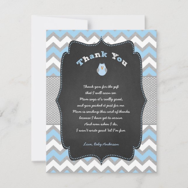 Blue Owl baby shower thank you note with poem Card (Front)