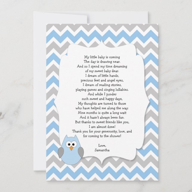 Blue Owl Baby shower thank you notes with poem (Front)