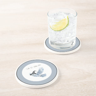Blue Owl Be Seeing You Black White Halloween Coaster