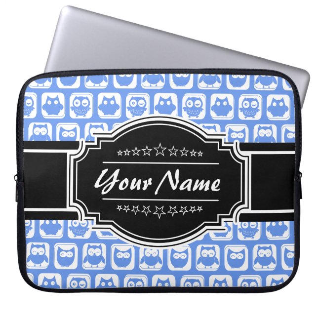 Blue Owl Black Personalised Name Laptop Sleeve (Front)