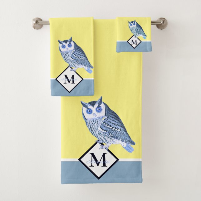 Blue Owl Blue and Yellow Monogram name Bath Towel Set (Insitu)