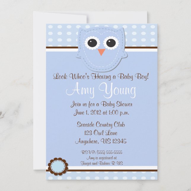 Blue Owl Boy Baby Shower Personalised Invitation (Front)