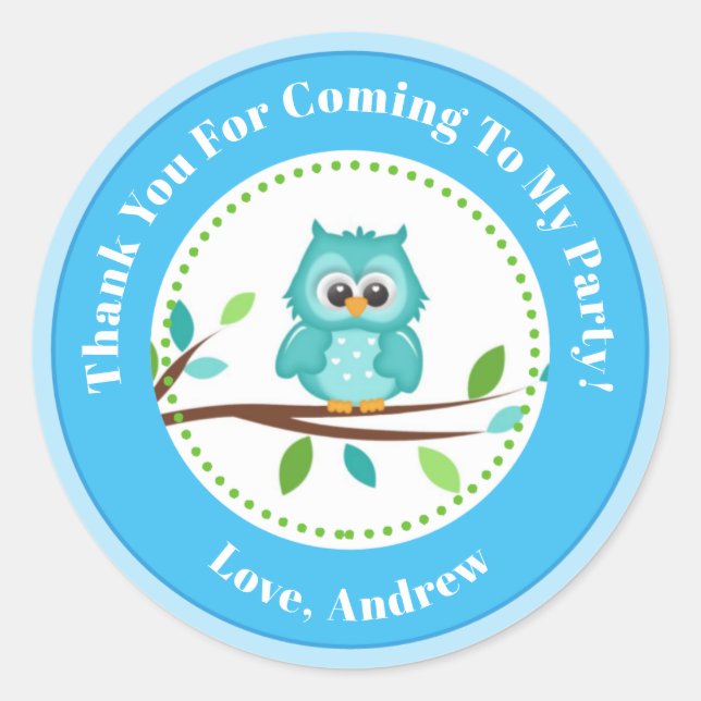 Blue Owl Boy Birthday Party Favour Stickers (Front)