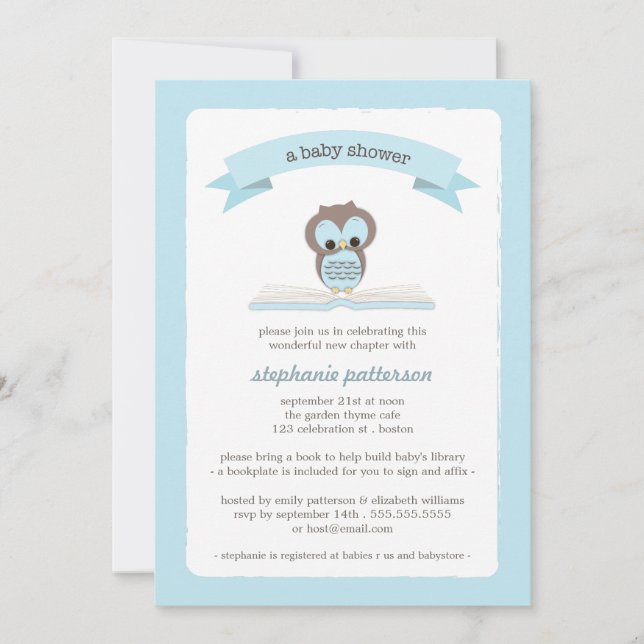 Blue Owl Bring a Book Baby Shower Invitation (Front)