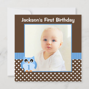 Blue Owl Brown Polka Dot 1st Birthday Boy Photo Invitation