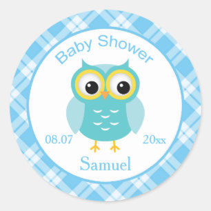 Blue owl, chequered pattern Baby Shower Sticker