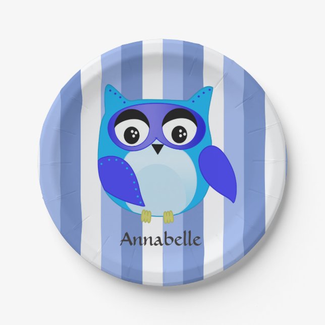 Blue owl children cartoon Illustration Paper Plate (Front)