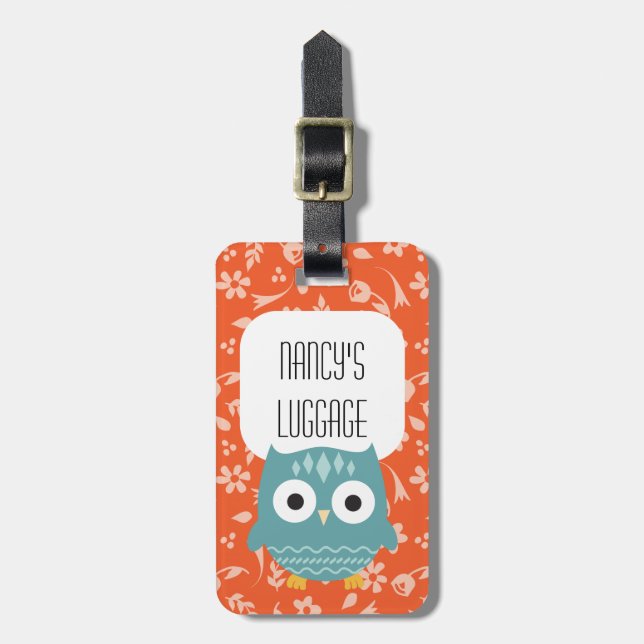 Blue Owl Cute Woodland Animal Luggage Tag (Front Vertical)